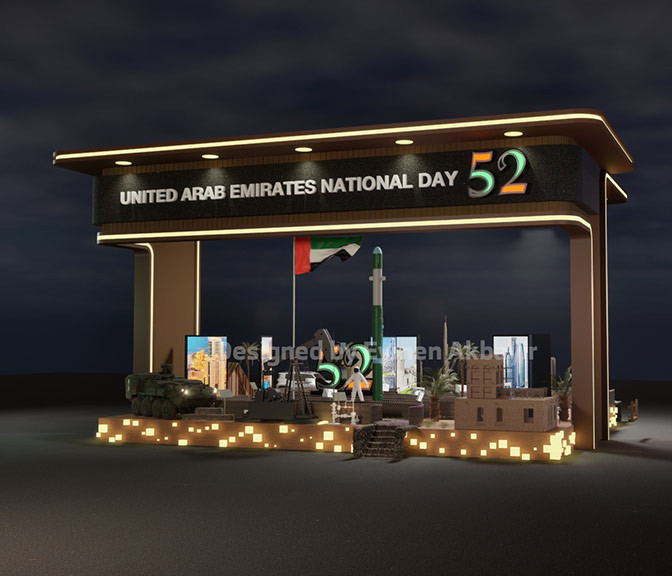 Stand for UAE National Day 52  3d made by Unreal Engine and Maya by Eymen Akbayir it contains UAE Flag , tank , oil bump burjeel , rocket , tent , Dubai , Abu dhabi